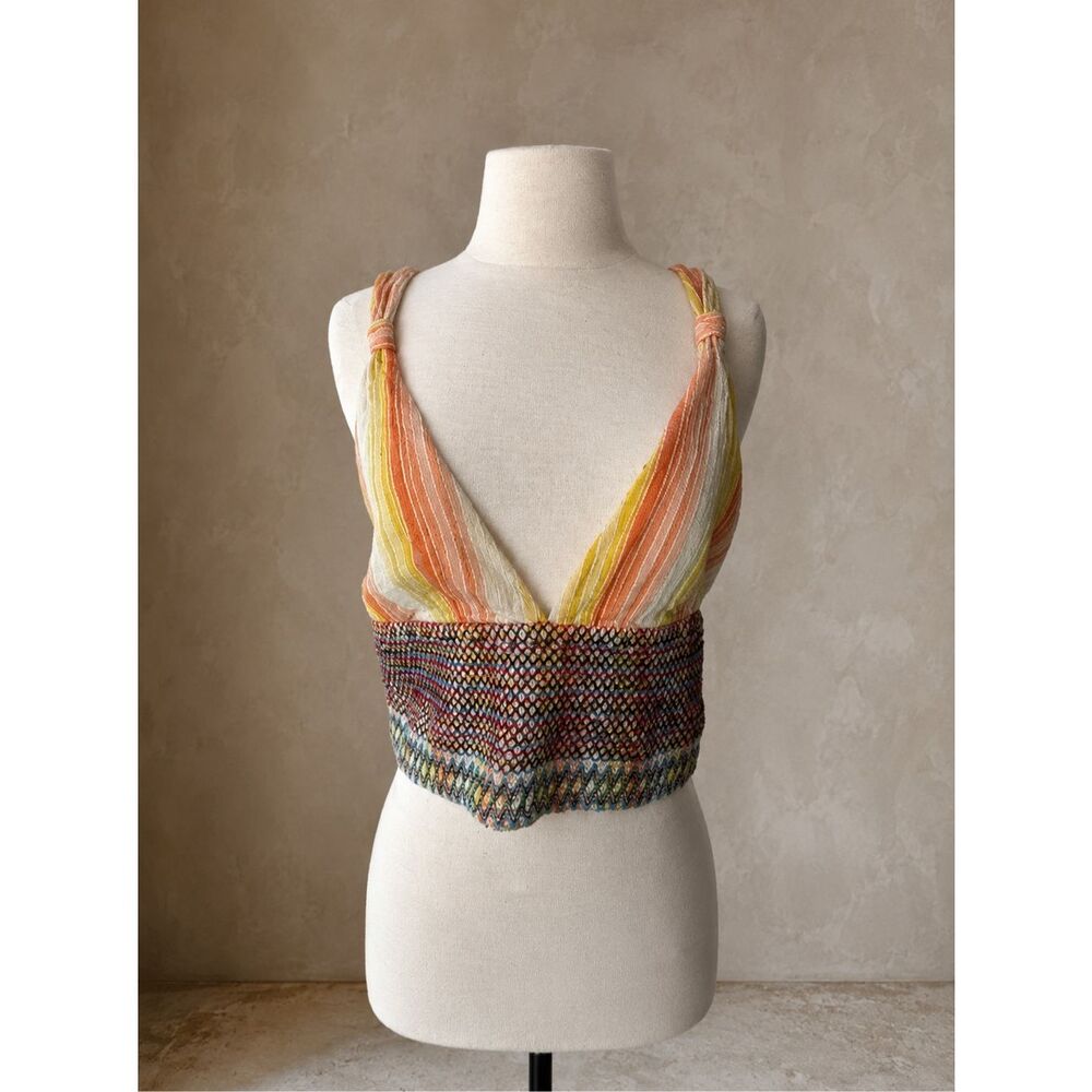 Anthropologie Large Striped Smocked Tank Crop Top Multicolor Boho Cotton V-Neck - Picture 2 of 11